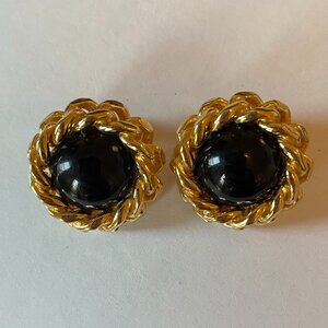 Vintage Christian Dior Black & Gold Rope Clip on Earrings 1980-1990s Preppy